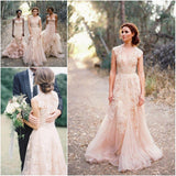 Pearl Pink A Line V-neck Sleeveless Floor-Length Tulle Wedding Dress With Lace Appliques HZ0527