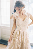 Pearl Pink A Line V-neck Sleeveless Floor-Length Tulle Wedding Dress With Lace Appliques HZ0527