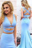 Sexy Mermaid Two-Piece V-Neck Blue Long Prom/Evening Dress HZ0527