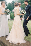Pearl Pink A Line V-neck Sleeveless Floor-Length Tulle Wedding Dress With Lace Appliques HZ0527