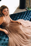 Promfast High Neck A-line Long Tulle Brown Prom Dress Sexy Evening Dress HZ0527