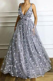 Deep V-Neck Long Flowers Lace Grey Prom Evening Dress A-Line Formal Dresses HZ0527