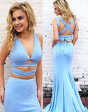 Sexy Mermaid Two-Piece V-Neck Blue Long Prom/Evening Dress HZ0527