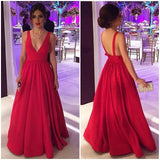 2025 Long Satin Red Prom Gowns,Sexy Backless Evening Party Dresses HZ0527