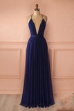 Sexy Navy V Neck Backless Prom Dress, Simple Long Evening Dress For Woman HZ0527