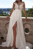 Ivory Lace Front Slit See Through Cap Sleeves Custom Made Beach Wedding Dresses HZ0527