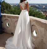Ivory Lace Front Slit See Through Cap Sleeves Custom Made Beach Wedding Dresses HZ0527