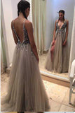 Sexy Deep V-neck Long A-line Tulle Backless Lace Prom Dresses Women Dresses HZ0527