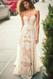 A-Line Spaghetti Straps Lace Beach Wedding Dress, Simple Boho Wedding Gown HZ0527