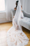 Alencon Lace Trim Long Ivory Veil for Wedding HZ0527