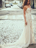 A-Line Spaghetti Straps Lace Beach Wedding Dress, Simple Boho Wedding Gown HZ0527