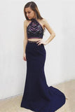Two Pieces Navy Blue Long Mermaid Simple Cheap Prom Dresses HZ0527