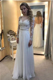 White Lace Chiffon Backless A-line Long Prom Dresses With Sleeves HZ0527