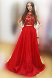Red Two Pieces Lace Satin A-line Cap Sleeveless Long Party Prom Dresses HZ0527