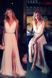 Ivory Chiffon Lace V-neck Simple Plus Size Beach Wedding Dresses HZ0527