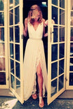 Ivory Chiffon Lace V-neck Simple Plus Size Beach Wedding Dresses HZ0527
