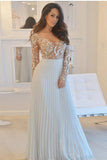 A-Line Deep V Neck Long Sleeves Pleats Chiffon Prom Dress with Beading HZ0527