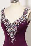 Sweep Train Plum Beaded Long Front Split Mermaid Prom Dresses For Teens HZ0527