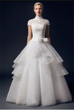 Charming High Neck Short Sleeves Lace Puffy Wedding Dresses HZ0527