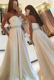 Sweetheart Backless Long Ivory Lace Satin A-line Simple Prom Dresses HZ0527