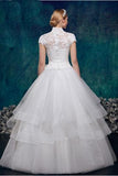 Charming High Neck Short Sleeves Lace Puffy Wedding Dresses HZ0527