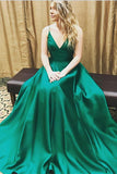 A-line V-neck Spaghetti Straps Long Simple Green Cheap Prom Dresses HZ0527