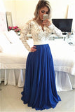 Long Sleeves Lace A-line Royal Blue Chiffon Beaded Prom Dresses HZ0527
