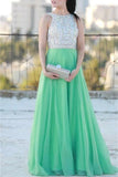 Green Long Beading Chiffon A-line Elegant Prom Dresses For Teens HZ0527
