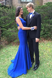 Simple Handmade Mermaid Long Royal Blue Open Back Prom Dresses HZ0527