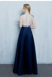 Beautiful Dark Blue Long Beading Zipper Back Prom Dresses HZ0527