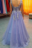Lavender Lace Up Backless V-neck Lace Beading Tulle Prom Dresses HZ0527