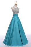 Light Blue Backless Beaded Long A-line Satin Classy Prom Dresses HZ0527