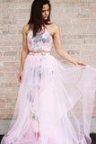 A Line Halter Sleeveless Floor Length Floral Pink Prom Dresses HZ0527