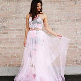 A Line Halter Sleeveless Floor Length Floral Pink Prom Dresses HZ0527