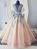 V-neck Blue Lace Ball Gown Long Tulle Evening Dresses,Cheap Prom Dress HZ0527