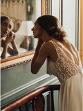 A-Line V-Neck Backless Sweep Train Tulle Sexy Wedding Dress with Pearls HZ0527