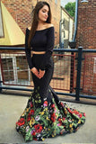Two Piece Off the Shoulder Mermaid Long Sleeves Black Floral Printed Prom Dress HZ0527