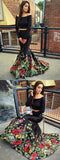 Two Piece Off the Shoulder Mermaid Long Sleeves Black Floral Printed Prom Dress HZ0527