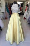 Yellow Satin Long Halter Beading Simple Cheap Prom Dresses HZ0527