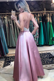 Stunning Beading Pink Halter Backless Prom Dresses With Pockets HZ0527