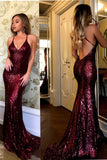 Charming Spaghetti Strap V-neck Burgundy Sequins Long Sexy Mermaid Prom Dresses HZ0527