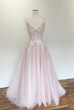 Light Pink V Neck Tulle Long Spaghetti Straps Appliques Prom Dress HZ0527