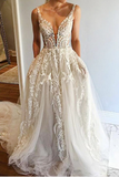 Off White Long A Line V Neck Tulle Prom Dresses With Pockets HZ0527