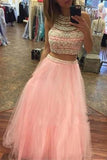 Beautiful Pink Two Pieces Beading Tulle Long Cheap Prom Dresses HZ0527