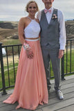 Two Pieces A Line Long Chiffon Prom Dresses With White Lace HZ0527