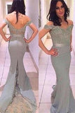 Off Shoulder Silver Lace Sweep Train Backless Cheap Prom Dresses HZ0527