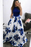 Fashion A-Line Jewel Blue Floral Long Prom Dress with Pockets HZ0527