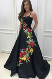 Promfast Black A Line Satin Spaghetti Straps Floral Appliques Prom Dresses Evening Dress HZ0527