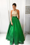 Green A-line Beading Halter Simple Handmade Cheap Backless Prom Dresses HZ0527
