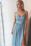 Simple A-Line Spaghetti Straps Blue Chiffon Long Prom Dress with Slit HZ0527